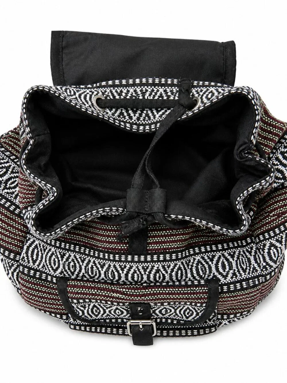 Boho Woven Backpack Red Green White Black Tribal Pattern India Drawstring Bag